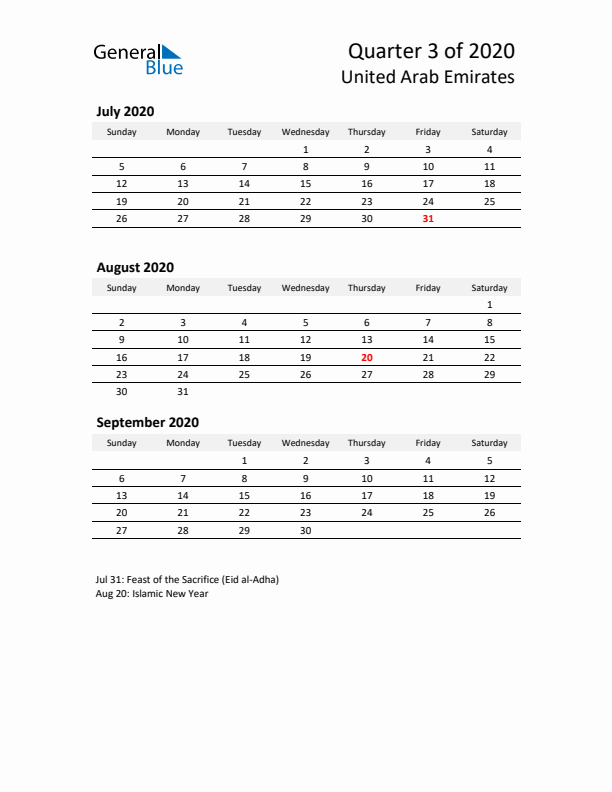 2020 Q3 Three-Month Calendar for United Arab Emirates