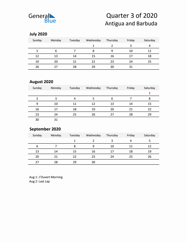 2020 Q3 Three-Month Calendar for Antigua and Barbuda