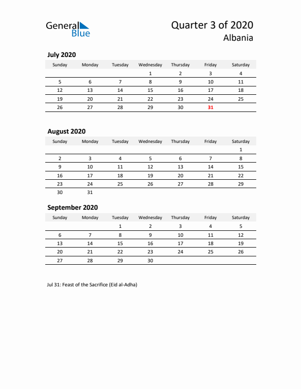 2020 Q3 Three-Month Calendar for Albania