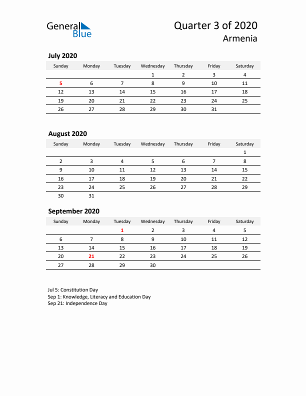 2020 Q3 Three-Month Calendar for Armenia