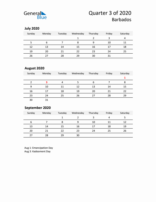 2020 Q3 Three-Month Calendar for Barbados