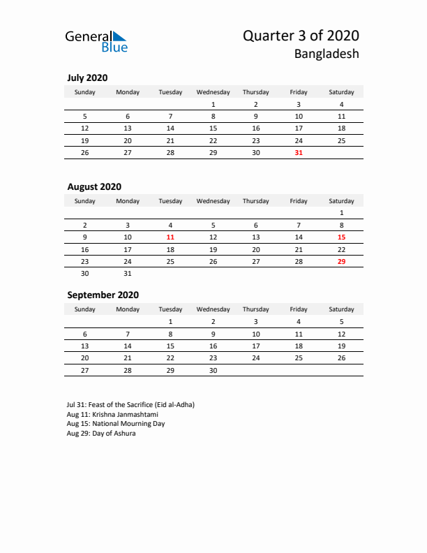 2020 Q3 Three-Month Calendar for Bangladesh