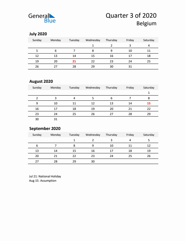 2020 Q3 Three-Month Calendar for Belgium