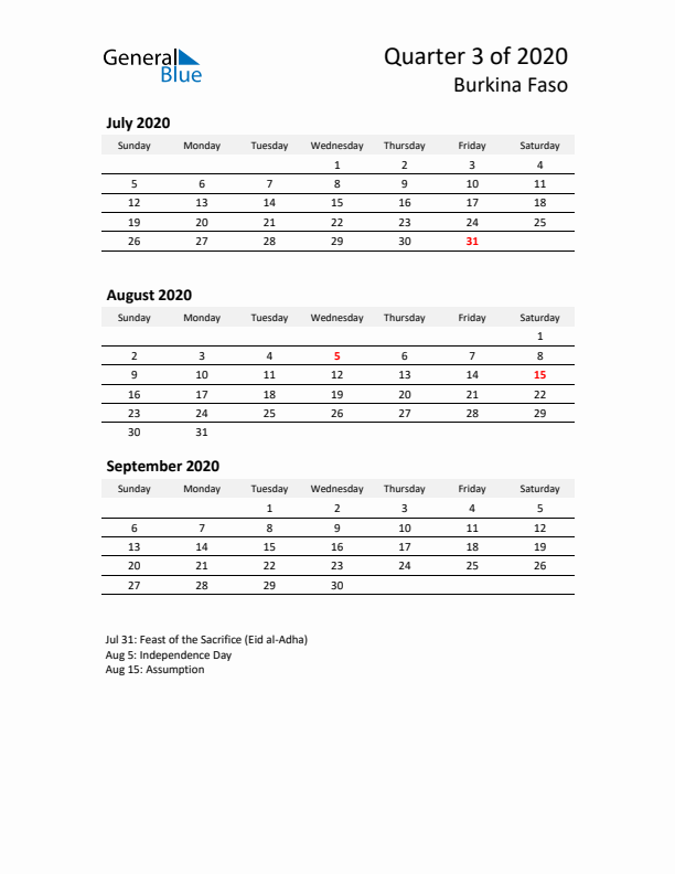 2020 Q3 Three-Month Calendar for Burkina Faso