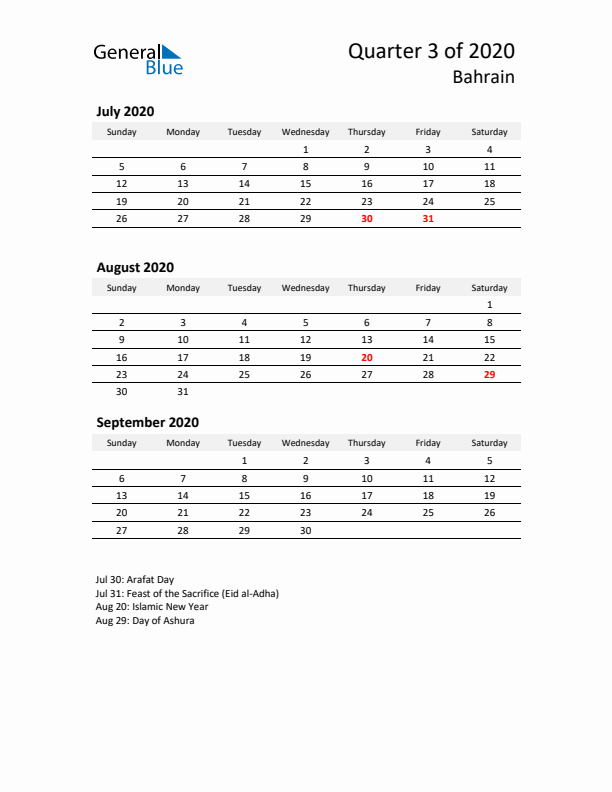 2020 Q3 Three-Month Calendar for Bahrain