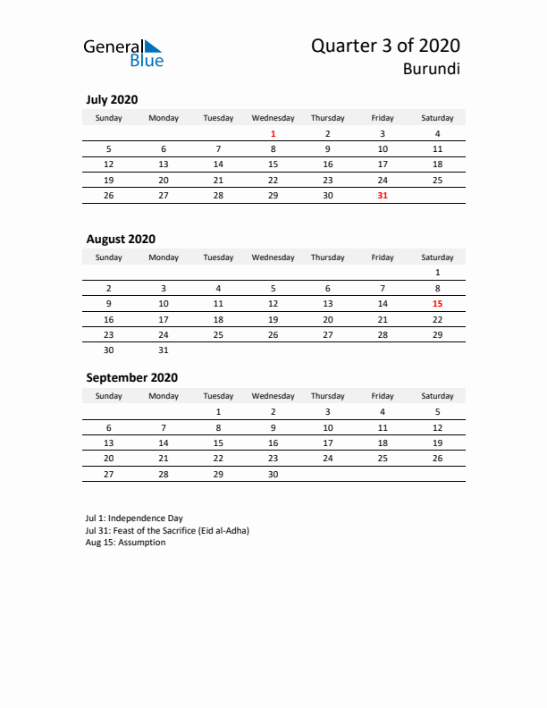 2020 Q3 Three-Month Calendar for Burundi