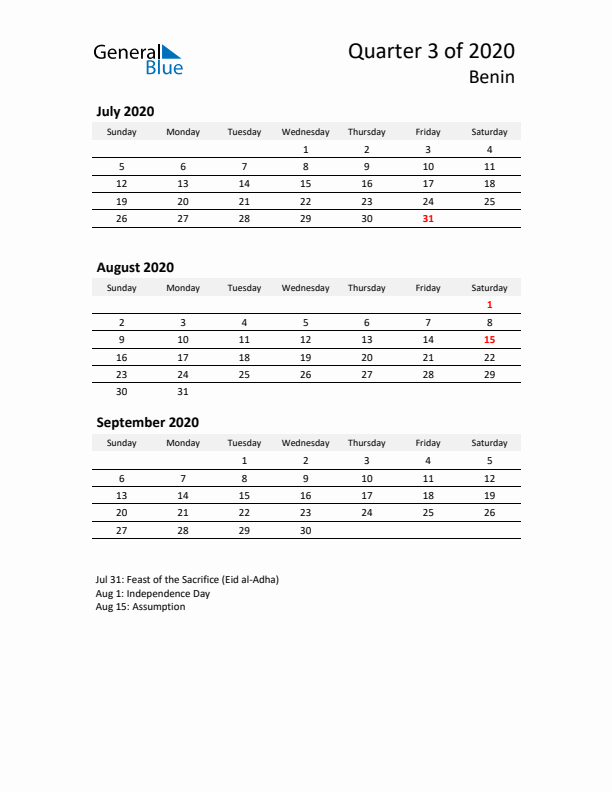 2020 Q3 Three-Month Calendar for Benin