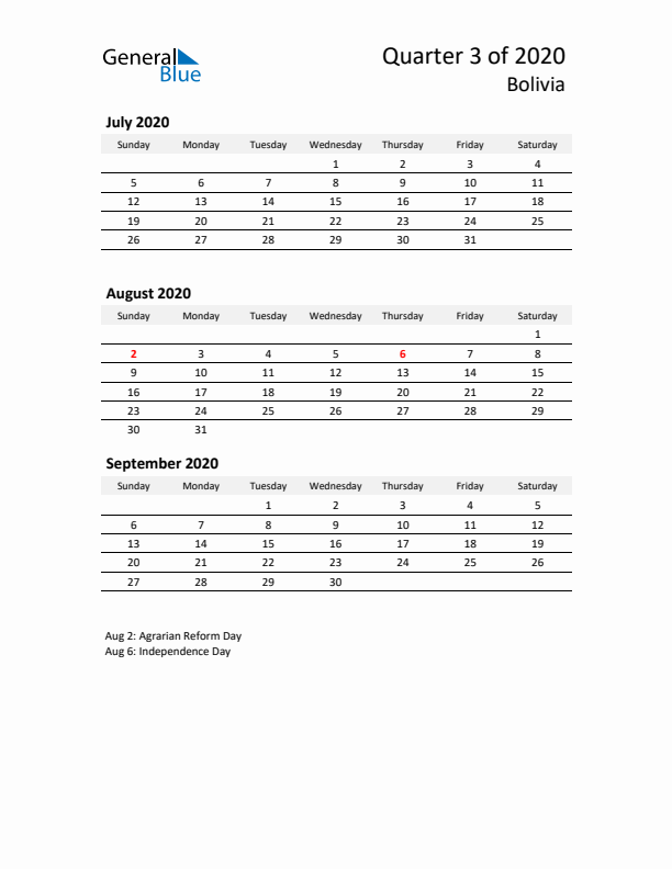 2020 Q3 Three-Month Calendar for Bolivia