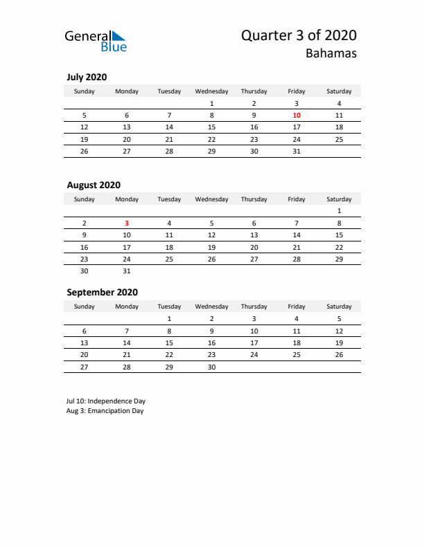 2020 Q3 Three-Month Calendar for Bahamas