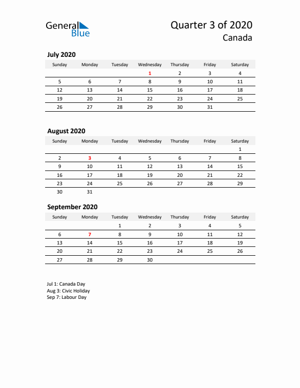 2020 Q3 Three-Month Calendar for Canada