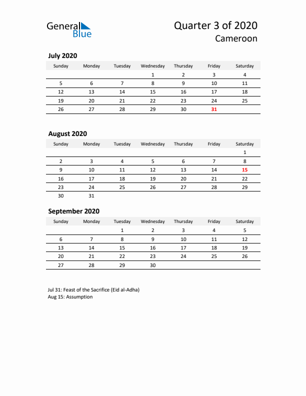 2020 Q3 Three-Month Calendar for Cameroon