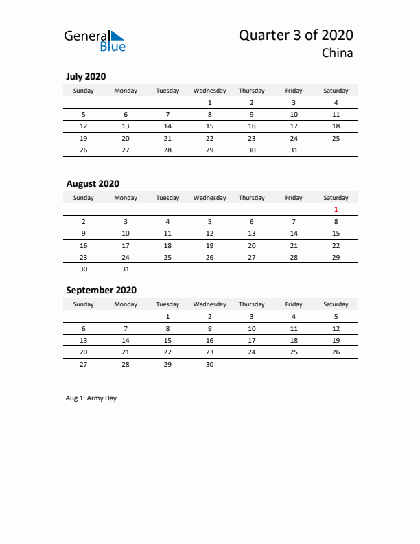 2020 Q3 Three-Month Calendar for China