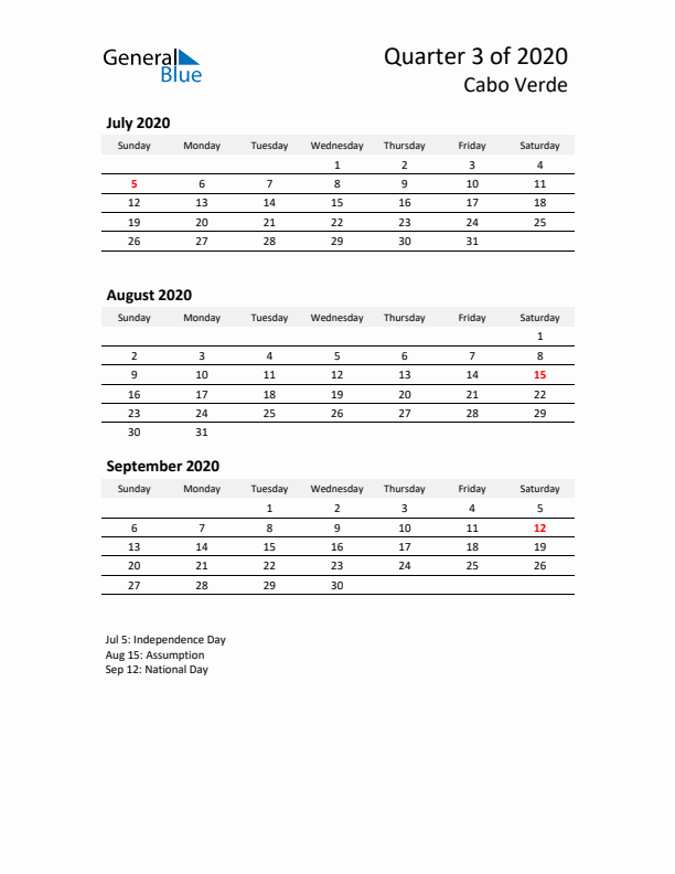 2020 Q3 Three-Month Calendar for Cabo Verde