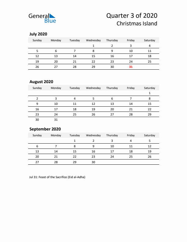 2020 Q3 Three-Month Calendar for Christmas Island