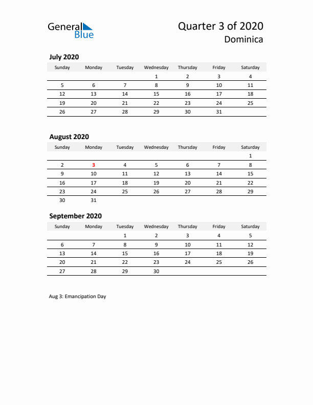 2020 Q3 Three-Month Calendar for Dominica