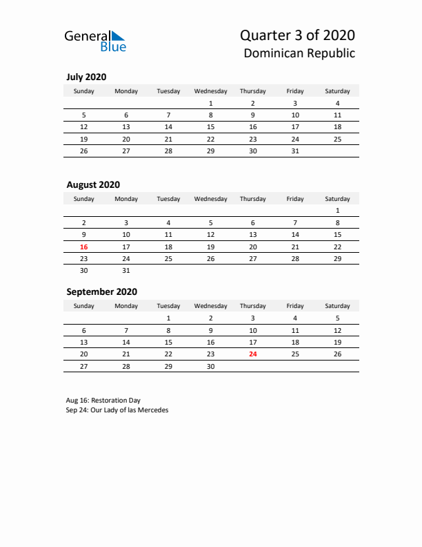 2020 Q3 Three-Month Calendar for Dominican Republic