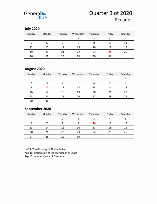 2020 Q3 Three-Month Calendar for Ecuador