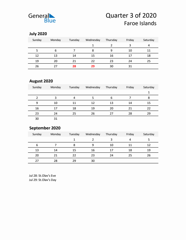 2020 Q3 Three-Month Calendar for Faroe Islands