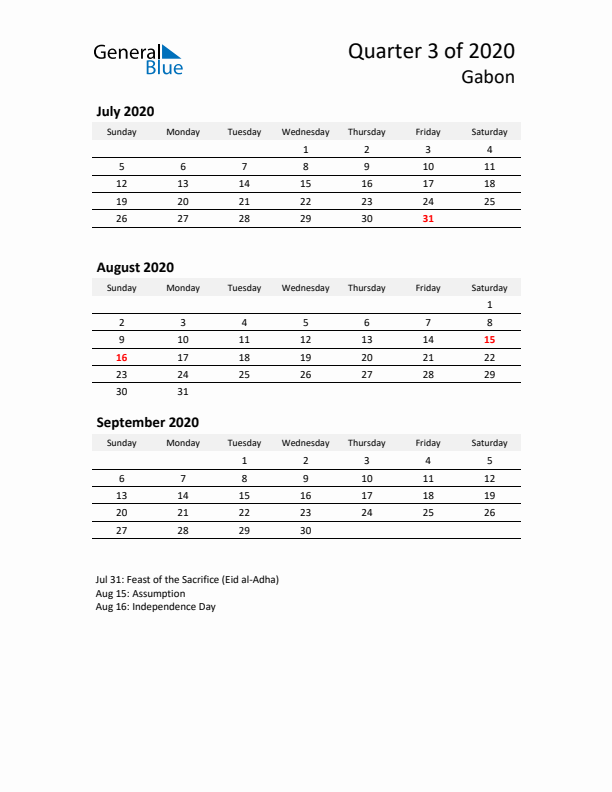 2020 Q3 Three-Month Calendar for Gabon