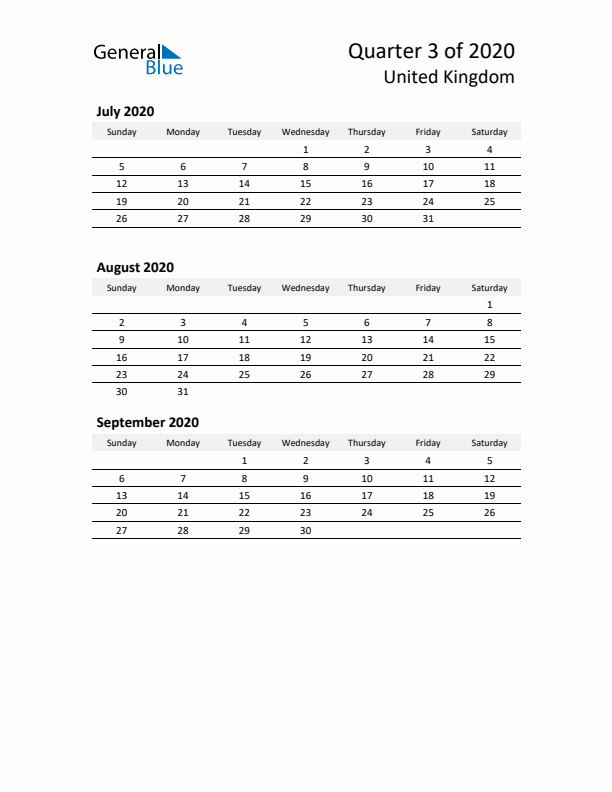 2020 Q3 Three-Month Calendar for United Kingdom