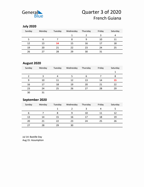 2020 Q3 Three-Month Calendar for French Guiana