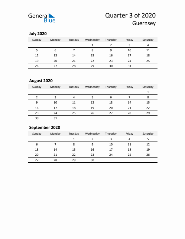 2020 Q3 Three-Month Calendar for Guernsey