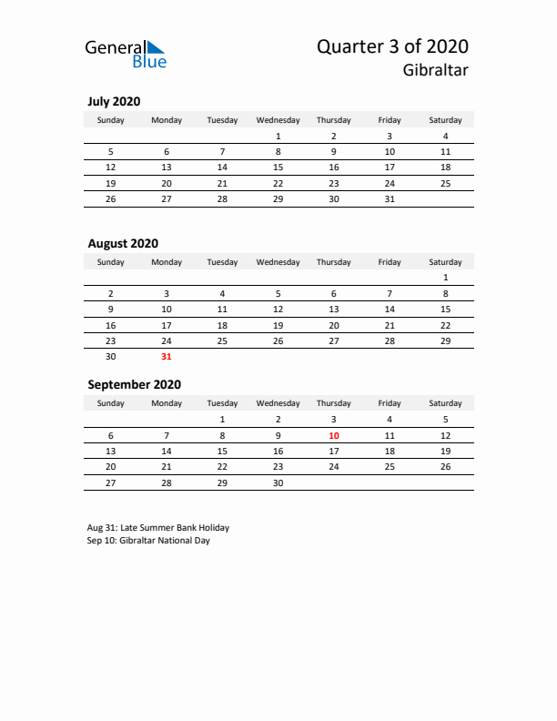 2020 Q3 Three-Month Calendar for Gibraltar