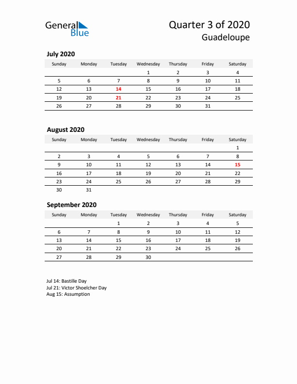 2020 Q3 Three-Month Calendar for Guadeloupe