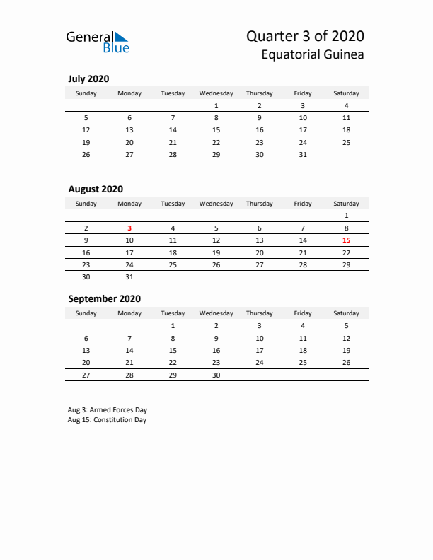 2020 Q3 Three-Month Calendar for Equatorial Guinea