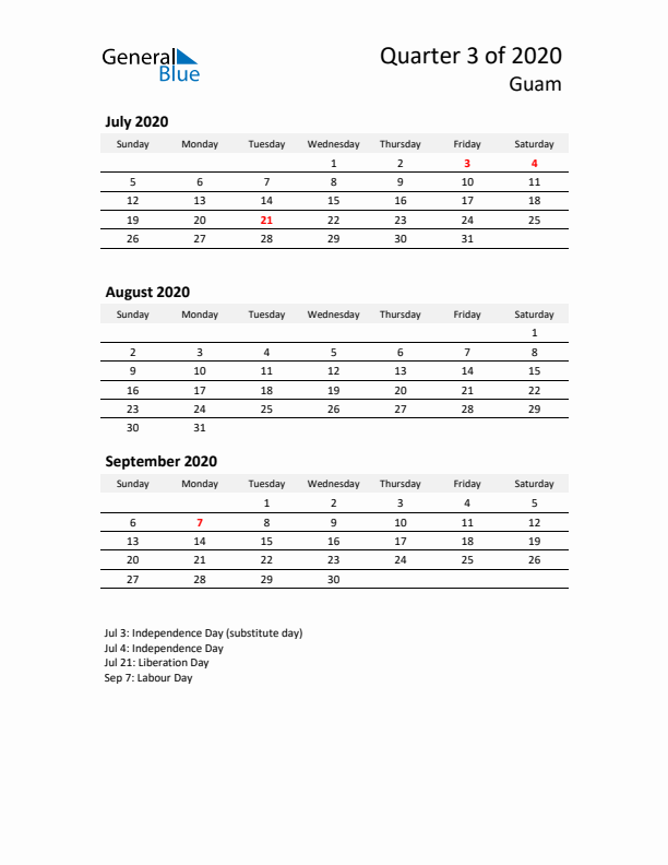 2020 Q3 Three-Month Calendar for Guam