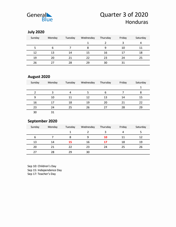 2020 Q3 Three-Month Calendar for Honduras