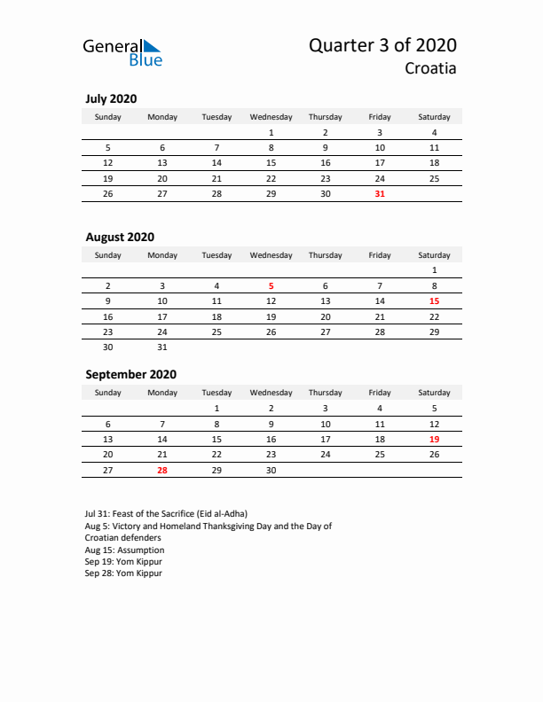 2020 Q3 Three-Month Calendar for Croatia