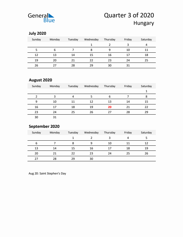 2020 Q3 Three-Month Calendar for Hungary
