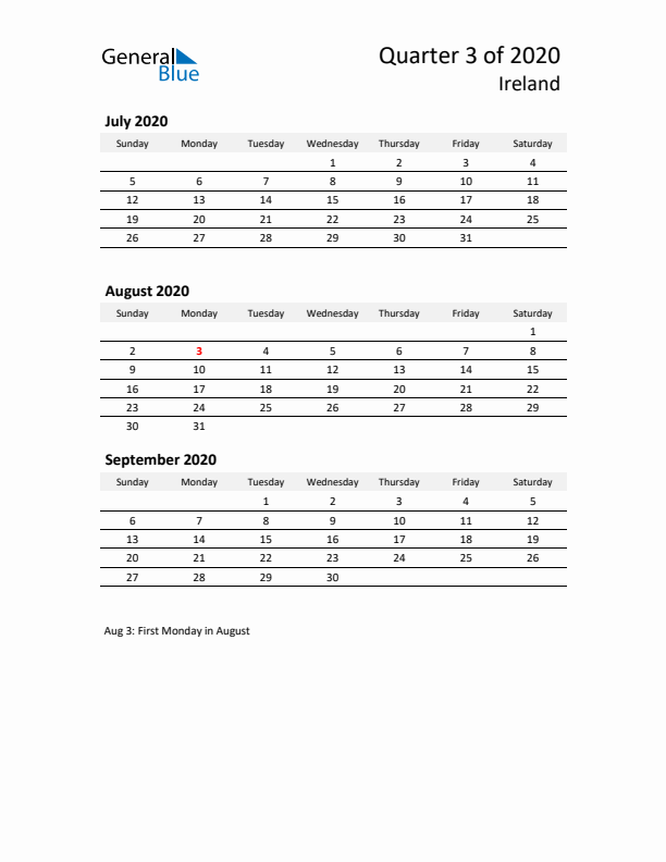 2020 Q3 Three-Month Calendar for Ireland