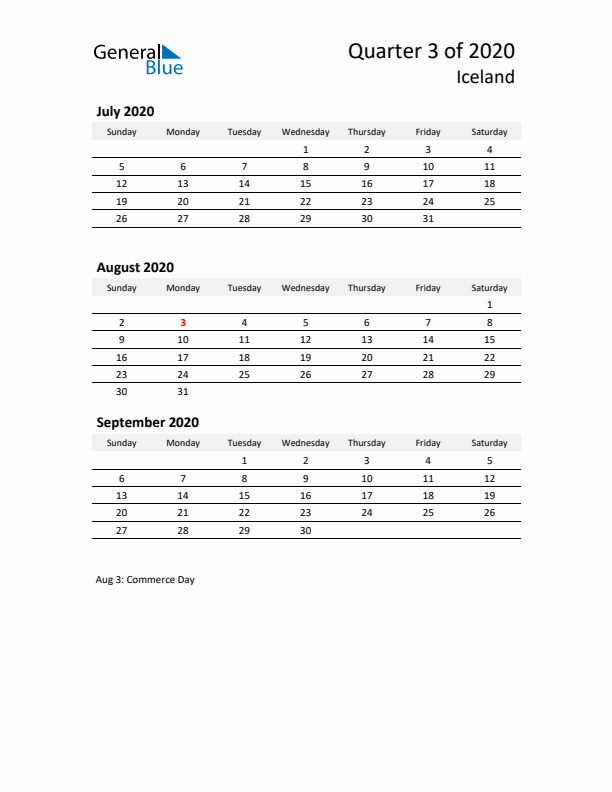 2020 Q3 Three-Month Calendar for Iceland