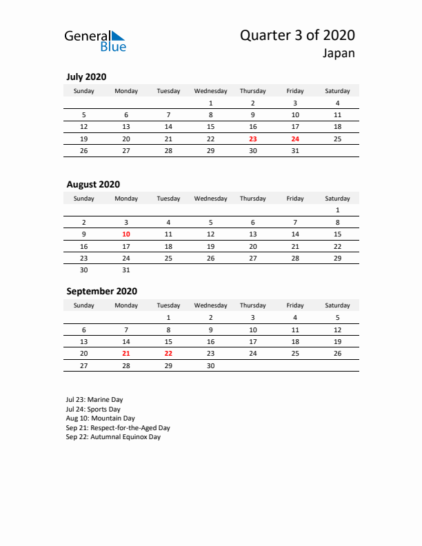 2020 Q3 Three-Month Calendar for Japan