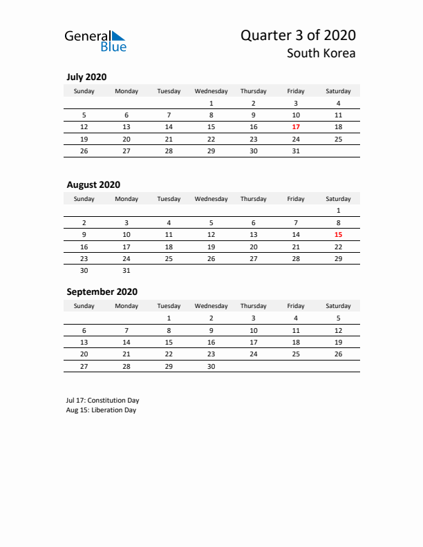 2020 Q3 Three-Month Calendar for South Korea