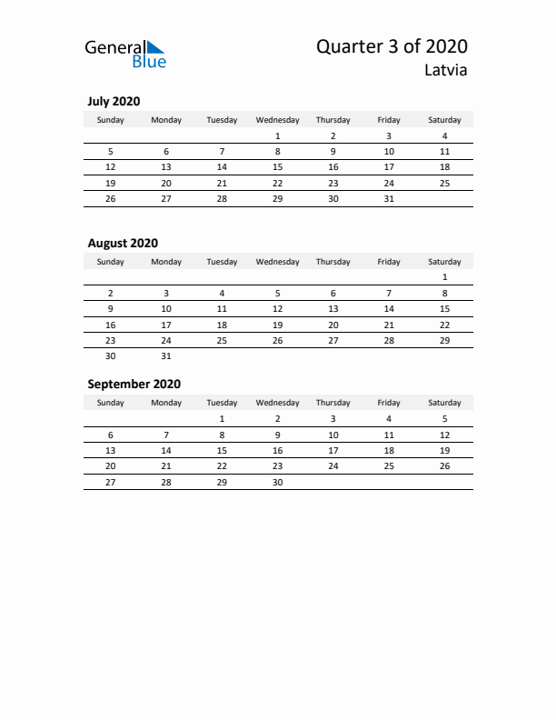 2020 Q3 Three-Month Calendar for Latvia