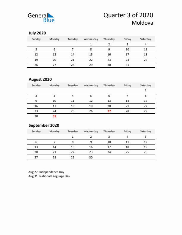 2020 Q3 Three-Month Calendar for Moldova