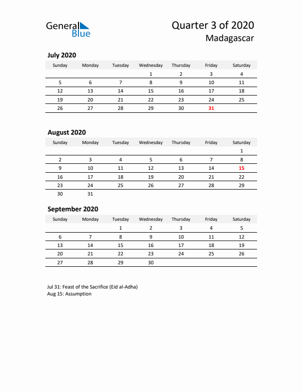 2020 Q3 Three-Month Calendar for Madagascar