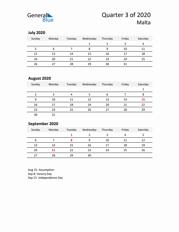 2020 Q3 Three-Month Calendar for Malta