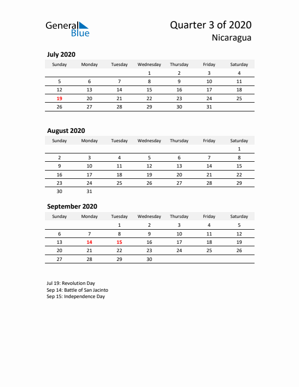 2020 Q3 Three-Month Calendar for Nicaragua