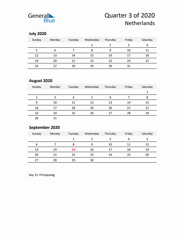 2020 Q3 Three-Month Calendar for The Netherlands