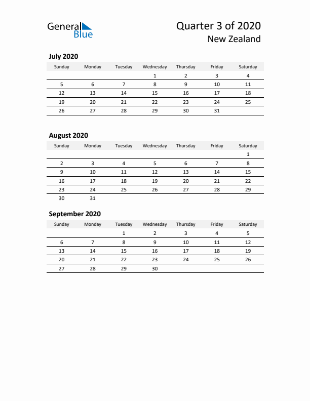 2020 Q3 Three-Month Calendar for New Zealand