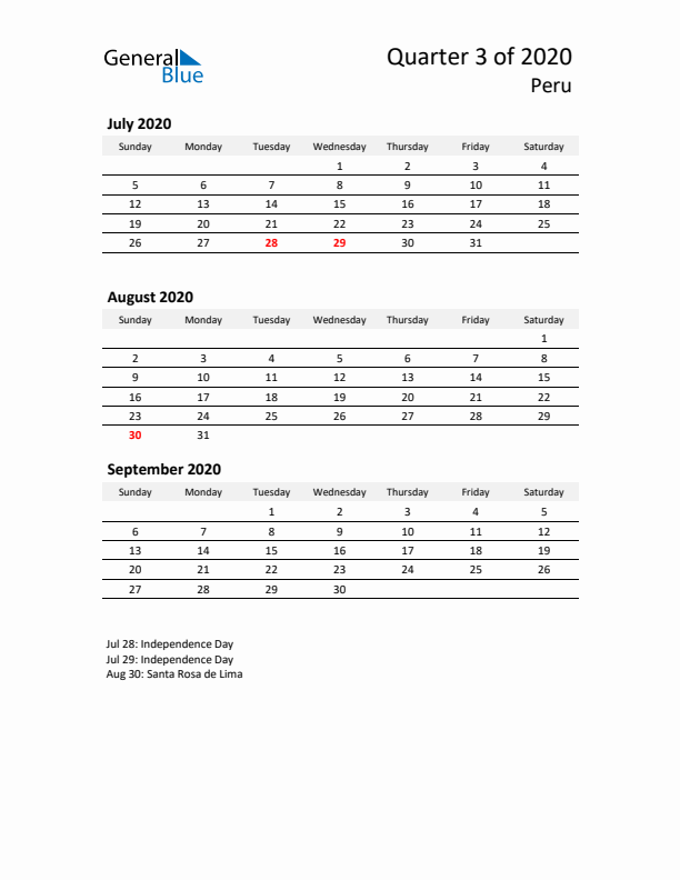 2020 Q3 Three-Month Calendar for Peru