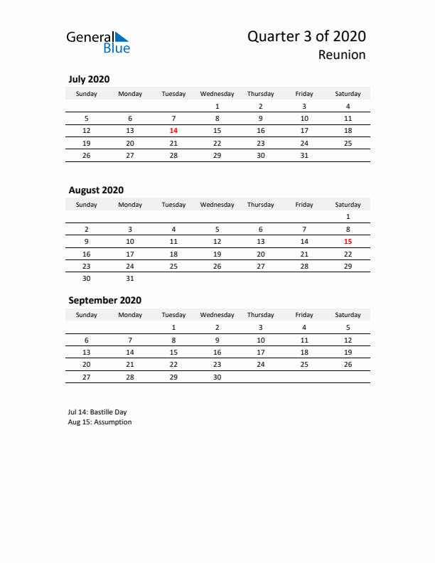 2020 Q3 Three-Month Calendar for Reunion