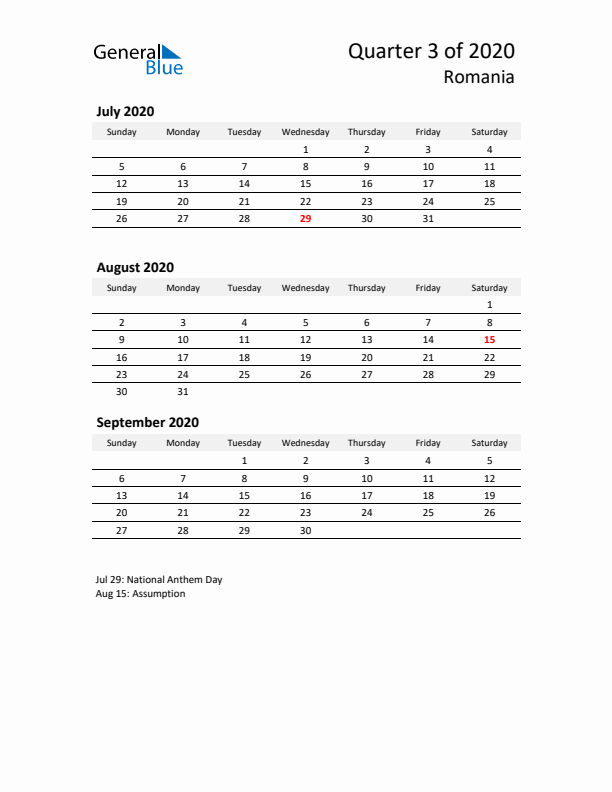 2020 Q3 Three-Month Calendar for Romania