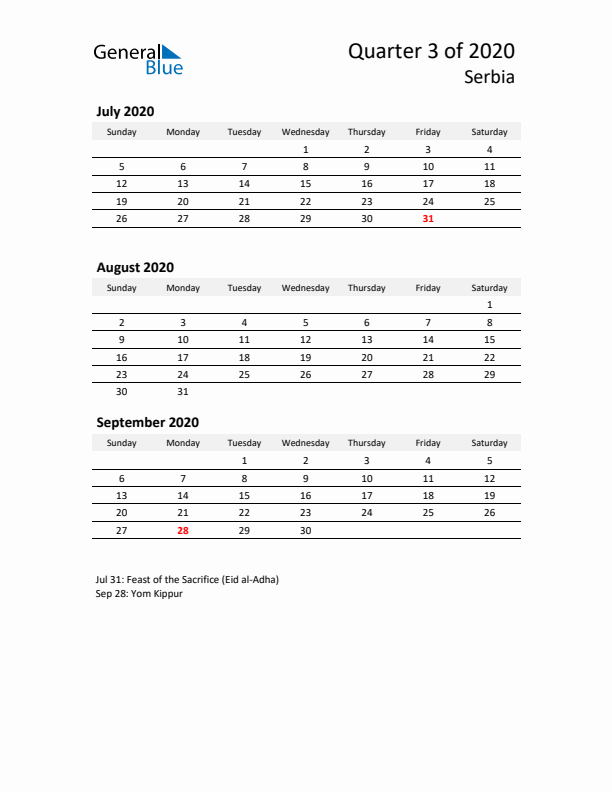 2020 Q3 Three-Month Calendar for Serbia