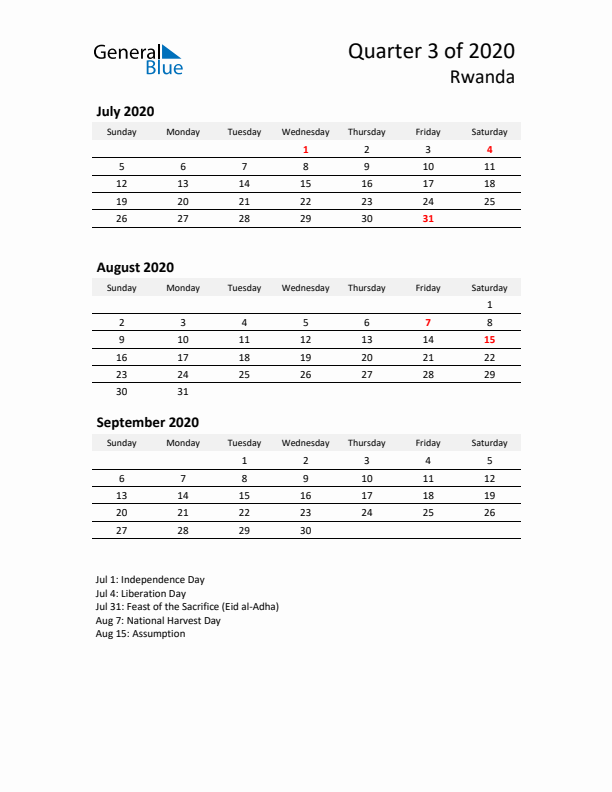 2020 Q3 Three-Month Calendar for Rwanda