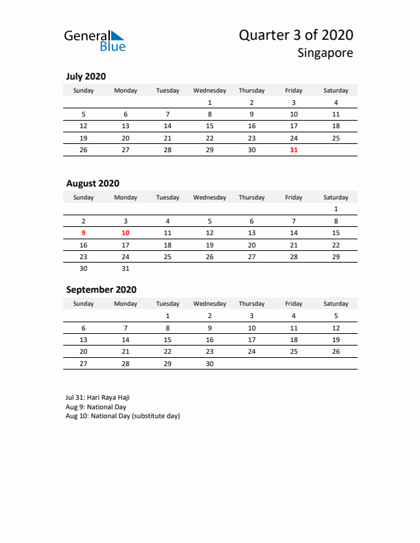 2020 Q3 Three-Month Calendar for Singapore